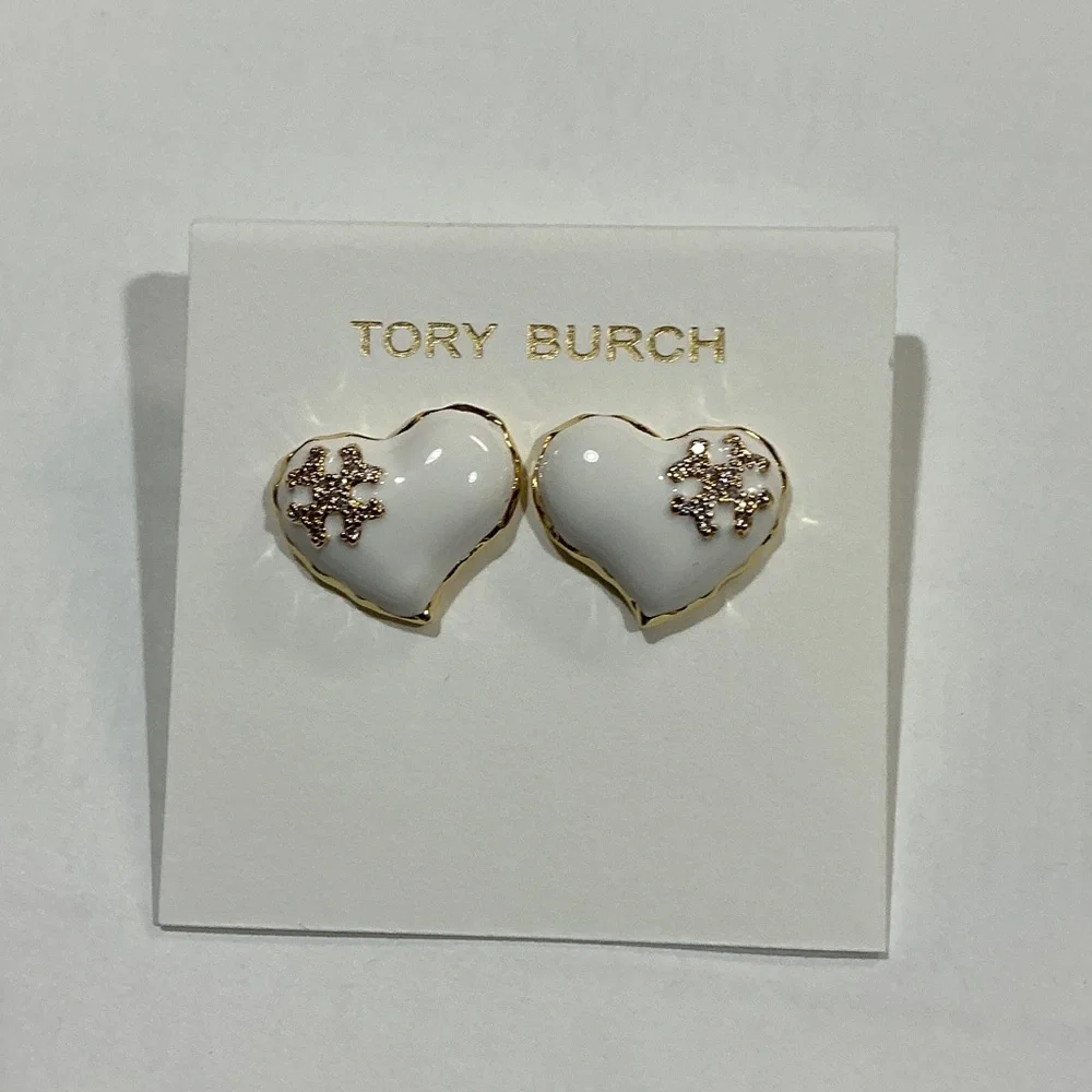 Tory Burch White Enamel Heart Logo Stud Earrings with Gold Trim
